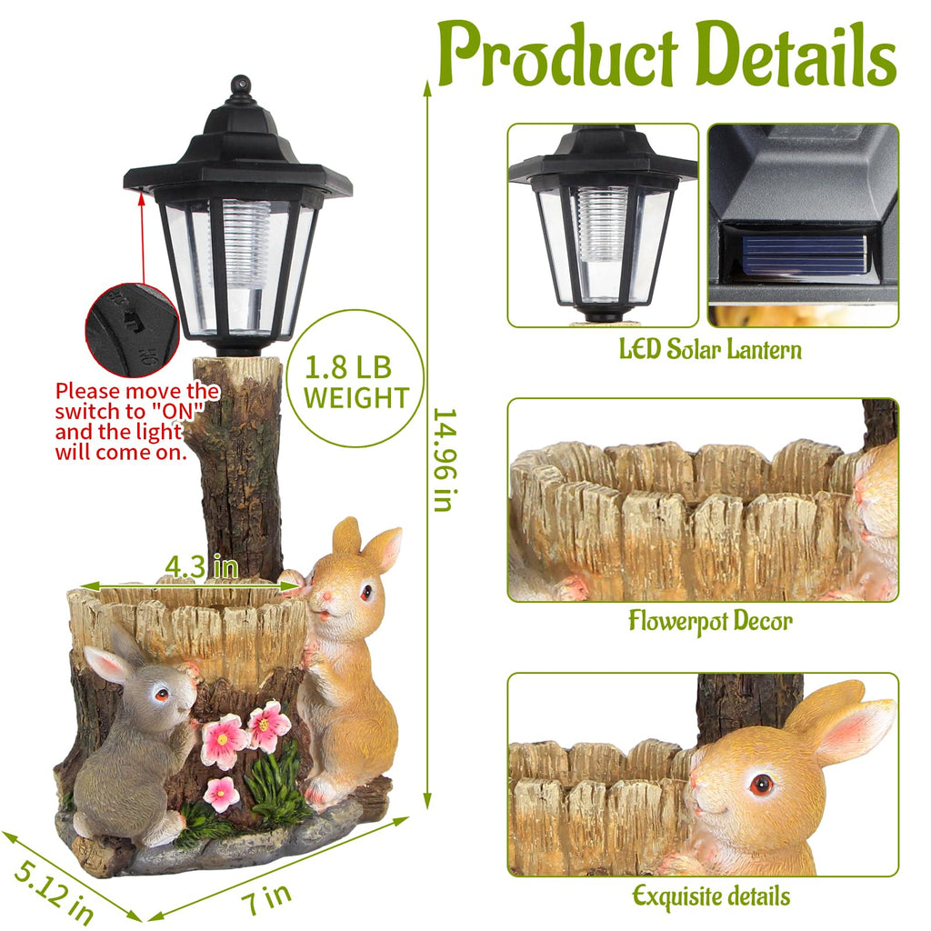 Solar Bunny Statue Outdoor, Rabbits Figurine with Flowerpot & Lantern