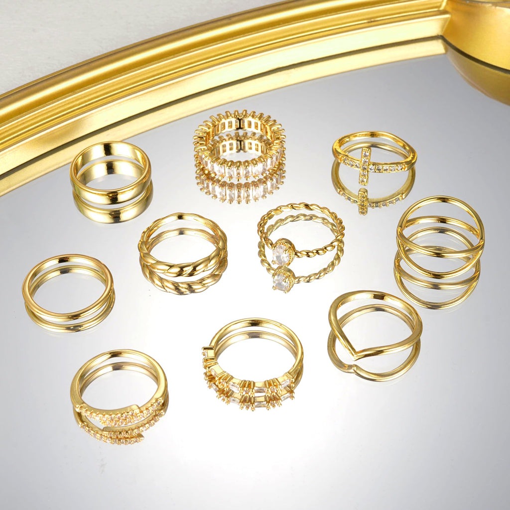 10 PCS 14K Gold Plated Rings Set for Women, Thumb Knuckle Stacking, Size 6