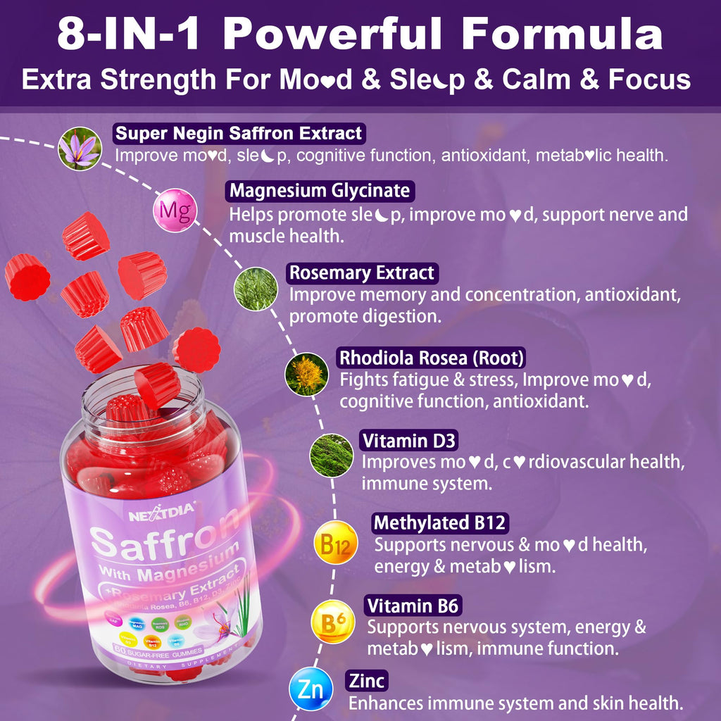 Saffron Supplements Gummies - 4 Months Supply - Saffron Extract 177mg 88.5mg, w/Magnesium Glycinate 400mg 200mg, Rhodiola Rosea, Rosemary, B6 B12 D3 for Calm, Nerve, Rest, Focus, Sugar-Free, 2 Pack