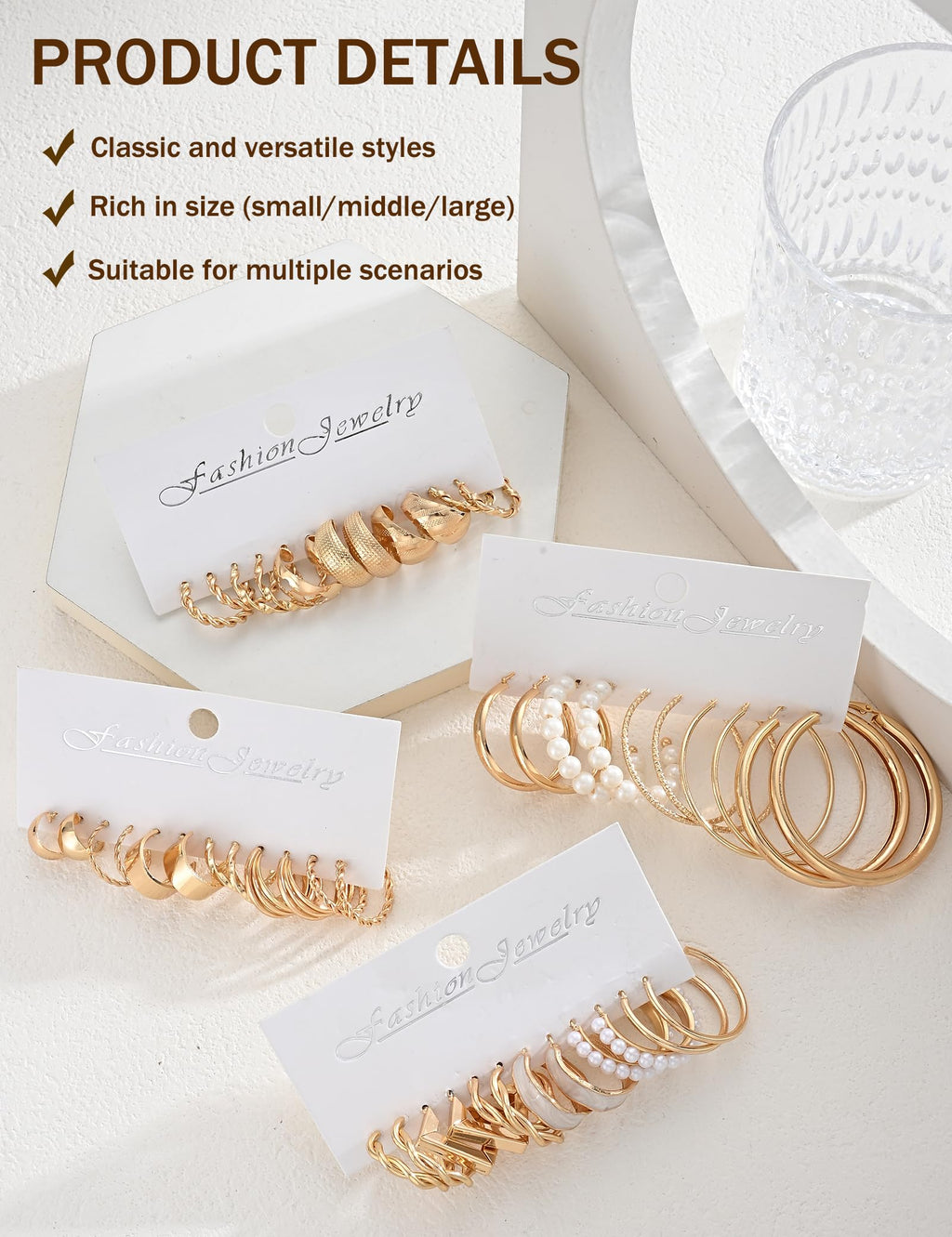 Gold Hoop Earrings Set for Women, 24 Pairs Chunky Open Hoop Set