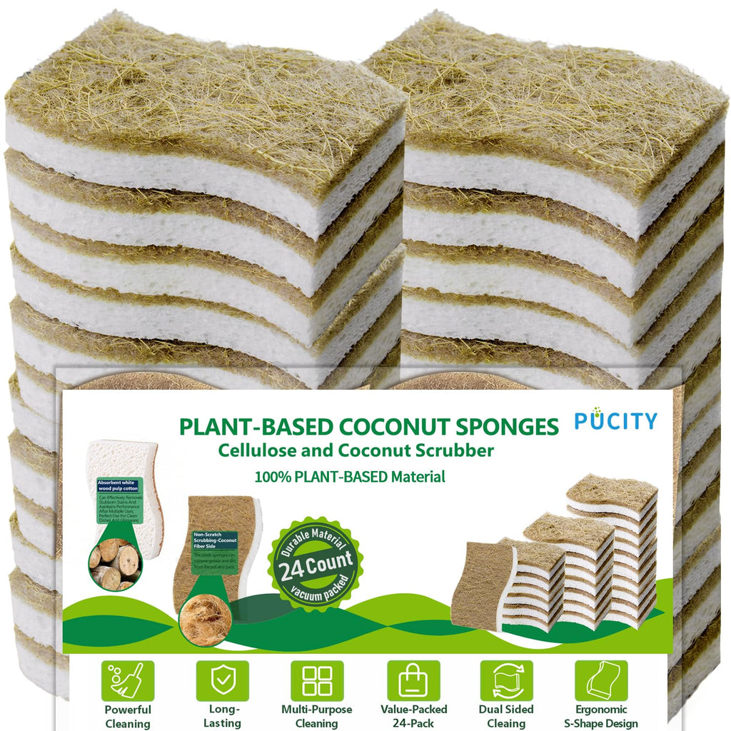 Sponges Kitchen Natural Dish Sponge Plant-Based Biodegradable Compostable Cellulose with Coconut Scrubber Sponge Non Scratch Eco Friendly Kitchen sponges for Kitchen Dishes（Pack of 24）