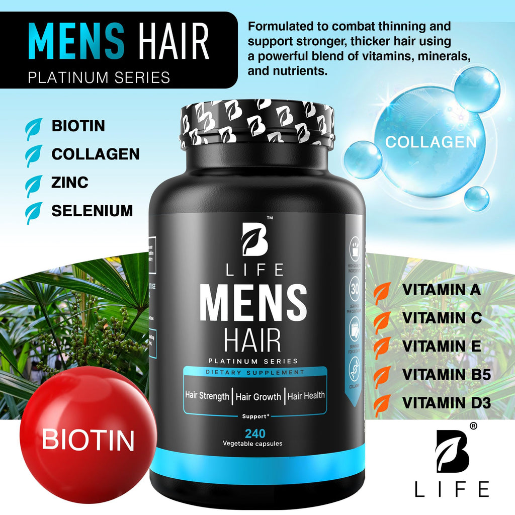 Men’s Hair Growth Supplement – Biotin & Collagen Hair Vitamins for Men – Thicker, Fuller Hair, Nail & Scalp Support – Hair Loss Supplement with Zinc, Selenium & Vitamins A C D E – 240 Capsules