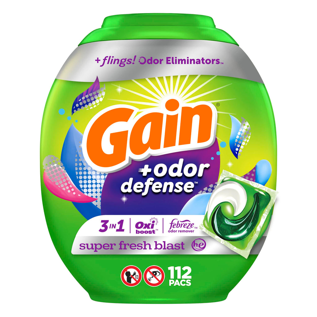 Gain Flings Laundry Detergent Pacs with Odor Defense, 112 Count, Super Fresh Blast Scent, HE 3in1 Detergent Pacs with Febreze and Oxi