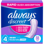 Always Discreet Adult Incontinence Pads for Women, Moderate Absorbency, Long Length, Postpartum Pads, 88 Count (2 Packs of 44)