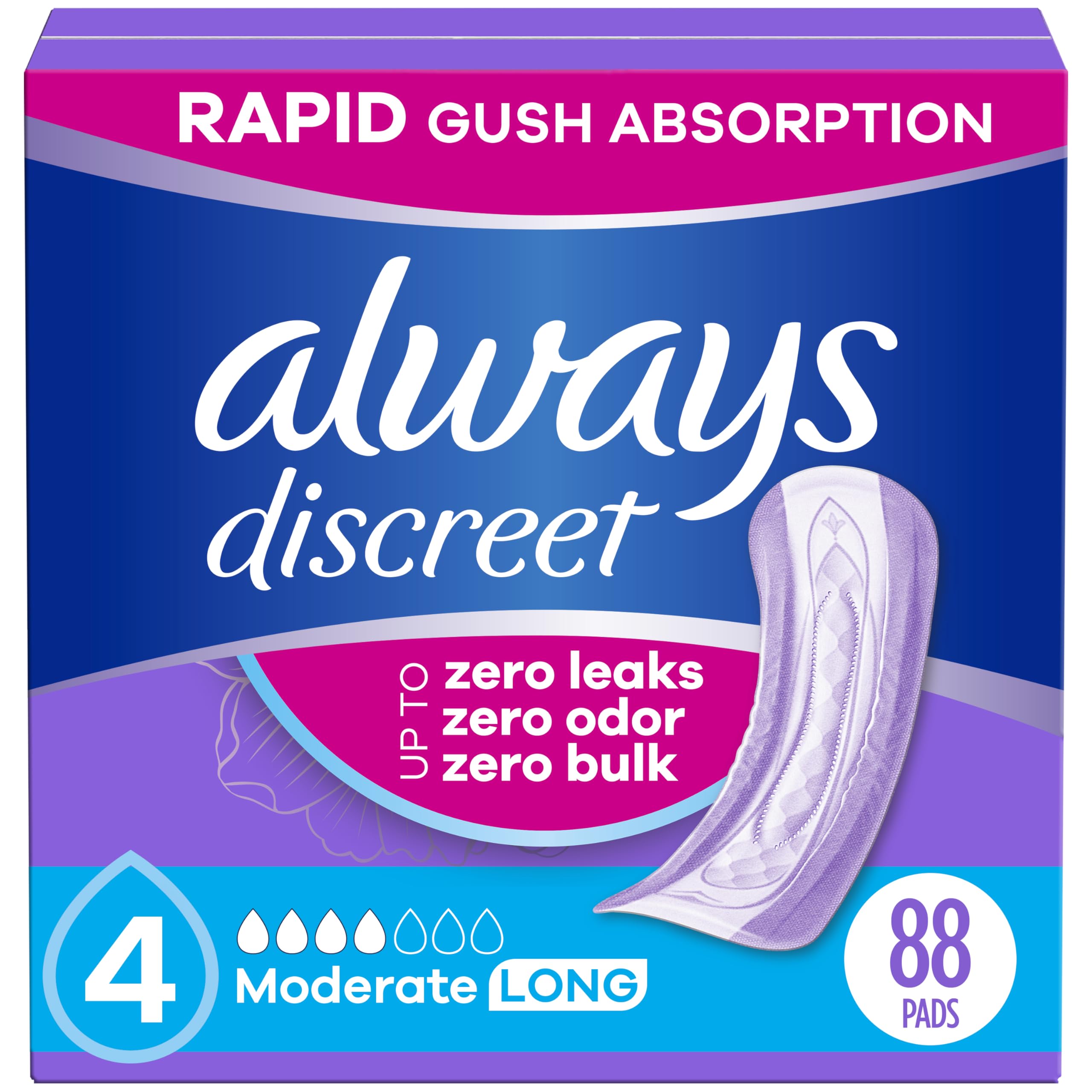 Always Discreet Adult Incontinence Pads for Women, Moderate Absorbency, Long Length, Postpartum Pads, 88 Count (2 Packs of 44)