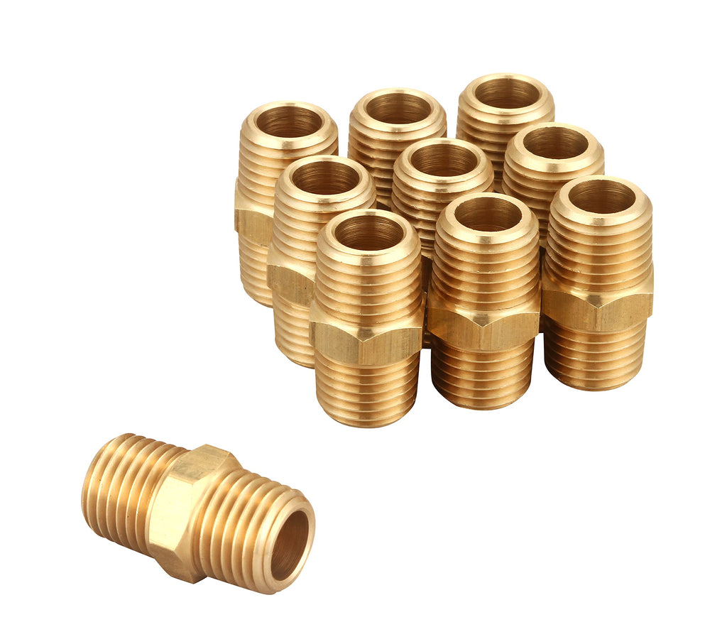 T TANYA HARDWARE 1/4 Inch NPT x 1/4 Inch NPT Male Thread Solid Brass Hex Nipples, Pipe Fitting and Air Hose Fittings, Thread 1/2" OD to 1/2" OD, (10 Piece)