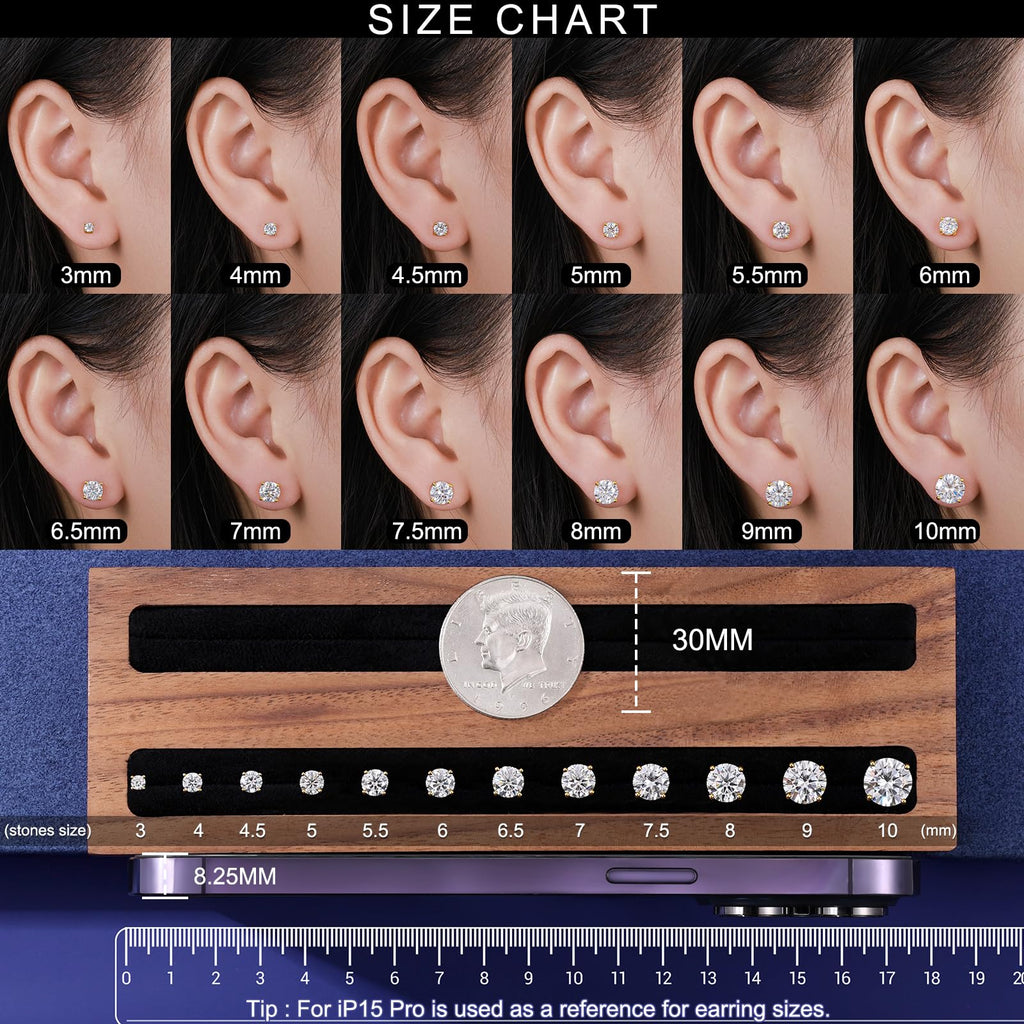 Moissanite Stud Earrings Screw Back 0.2CT 3MM*2 18K Yellow Gold Plated S925 Sterling Silver Round Cut D Color VVS1 Clarity Lab Created Moissanite Earrings for Women Men