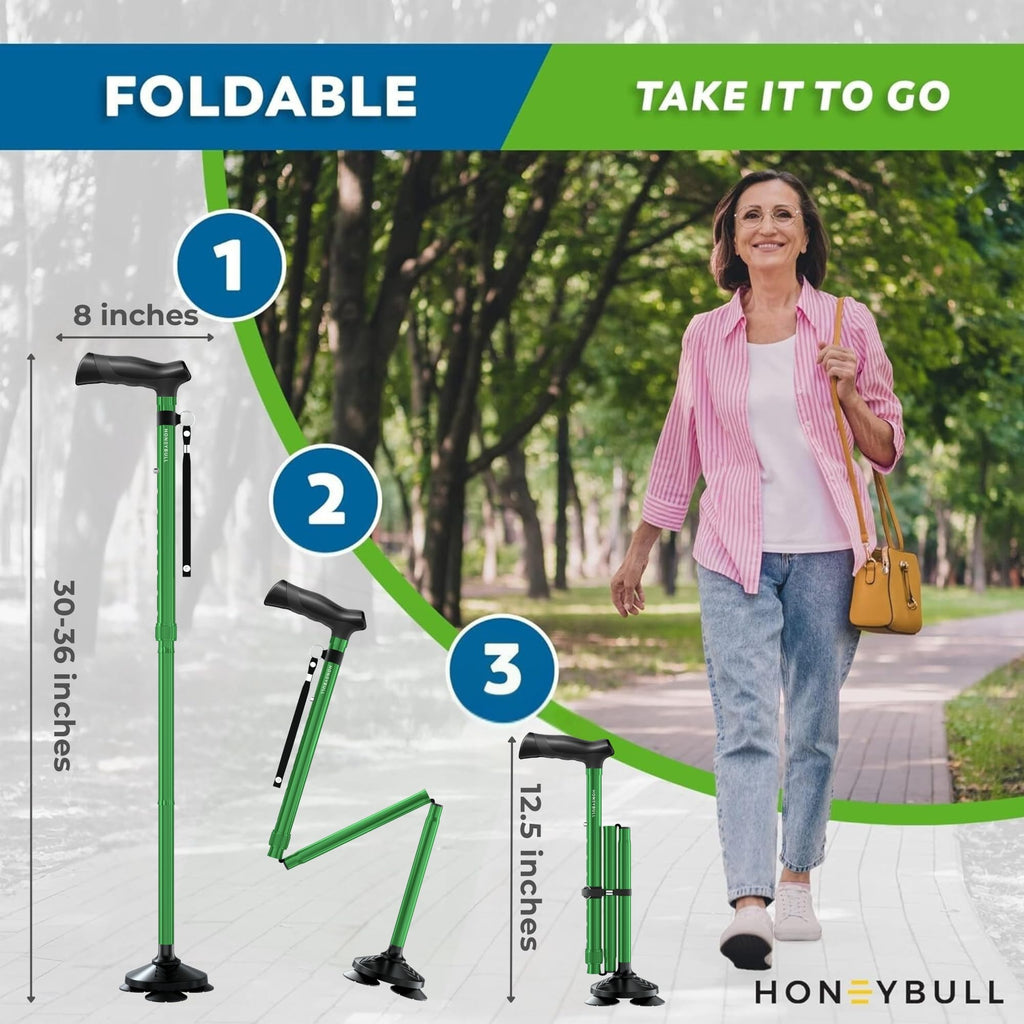 HONEYBULL Walking Cane for Men & Women Foldable, Adjustable, Heavy Duty, Free Standing, All Terrain, Collapsible Walking Sticks for Seniors & Adults (Green)