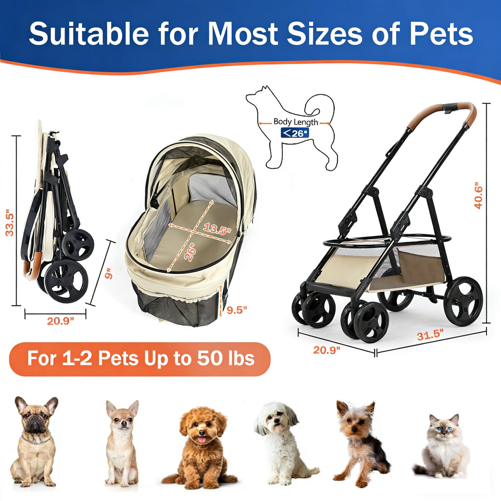 4 Wheels Pet Stroller for Small/Medium Dogs and Cats,Dog Stroller with Detachable Carrier and Storage Basket,One Click Folding,Compact Portable,Up to 50lbs,3 in1 Multifunctional(Khaki)