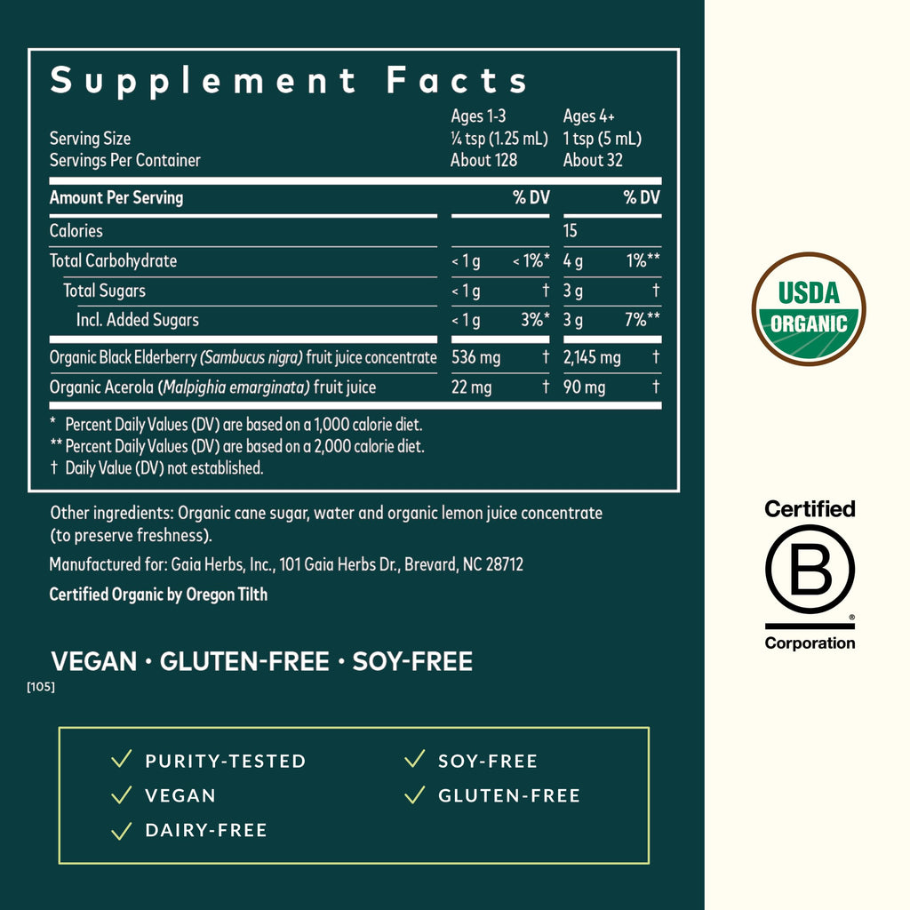 Gaia Herbs Black Elderberry Syrup - Made with Organic Black Elderberries (Sambucus nigra) for Immune System Support* - USDA Certified Organic Formula - 5.4 Fl Oz (About 32 to 128 Servings)