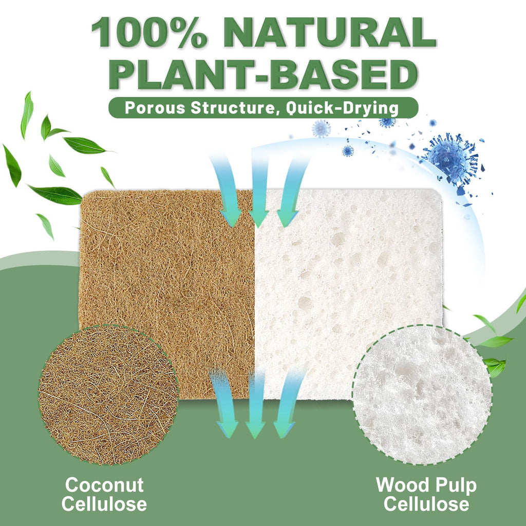 Aheroi Natural Dish Sponge, 32 Count FSC Certified Plant-Based Biodegradable Compostable Kitchen Sponges for Dishes Bulk, Organic Eco Friendly Cleaning Sponge for Bathroom, Household, Non Scratch