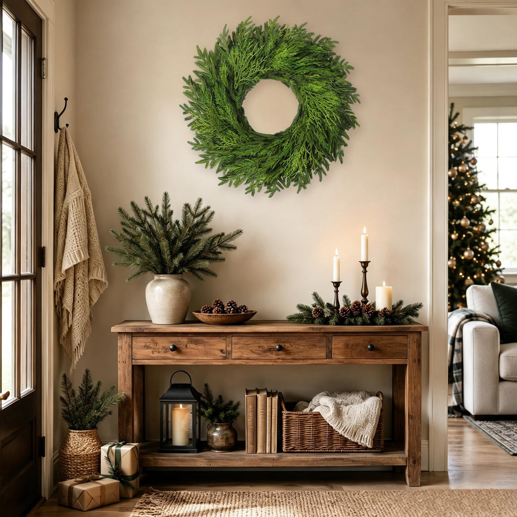 26" Large Cedar Norfolk Pine Wreath for Front Door, Faux Christmas Wreath