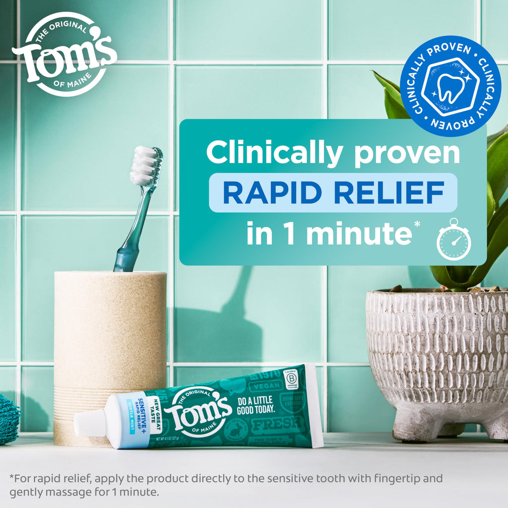 Tom's of Maine Rapid Relief Plus Sensitive Teeth Toothpaste, Fluoride Free, Gentle Mint, 4.5 Oz, 3 Pack, Clinically Proven Enamel Safe, Builds Arginine and Calcium Shield Around Teeth