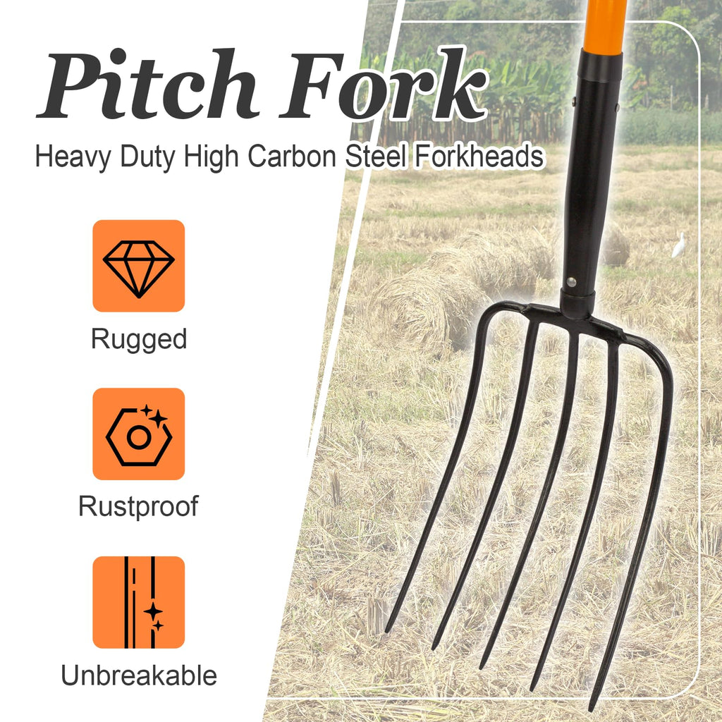 Nohovu 5 Tine Pitchfork for Gardening, Heavy Duty Pitchfork with Fiberglass Handle, Garden Fork for Mulching, 58 Inches