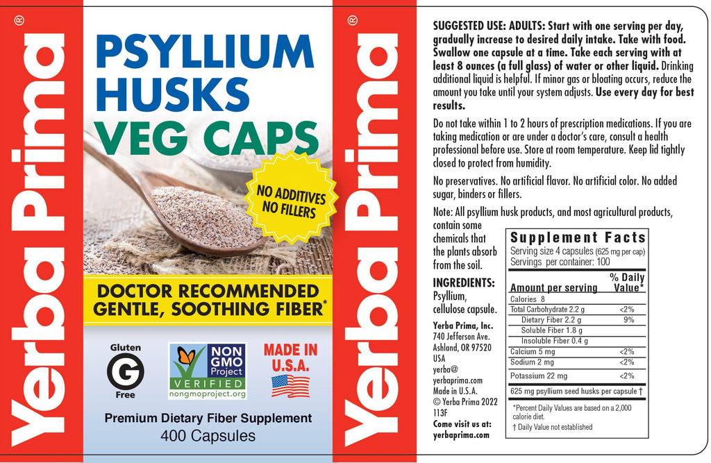 Yerba Prima Psyllium Husks Veg Caps, 400 Capsules (625mg) (Pack of 2) - Vegan, Non-GMO, Gluten Free, Colon Cleanser, Daily Fiber Supplement for Gut Health & Regularity