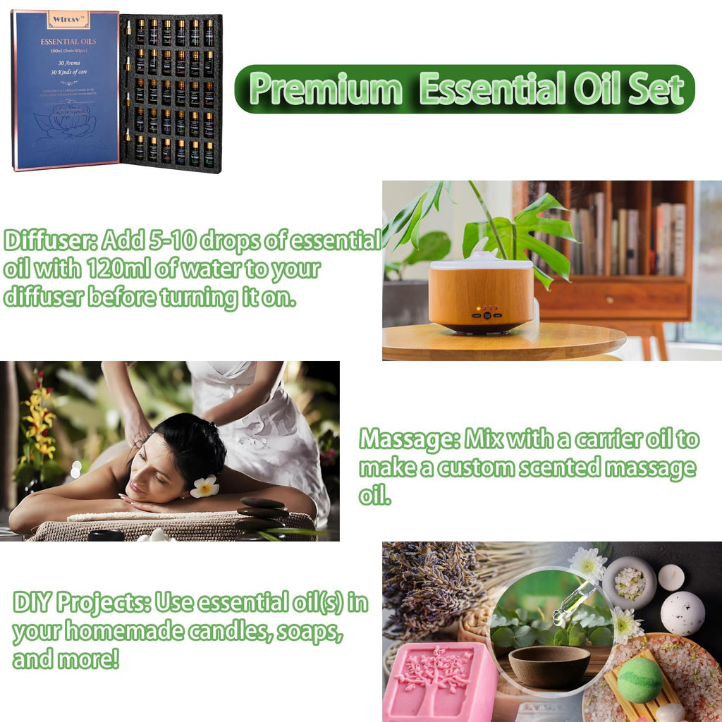 Essential Oils Set-Essential Oils-Perfect for Diffuser, Humidifier,Aromatherapy, Massage,Soap Making,Skin & Hair Care,30x5 ml