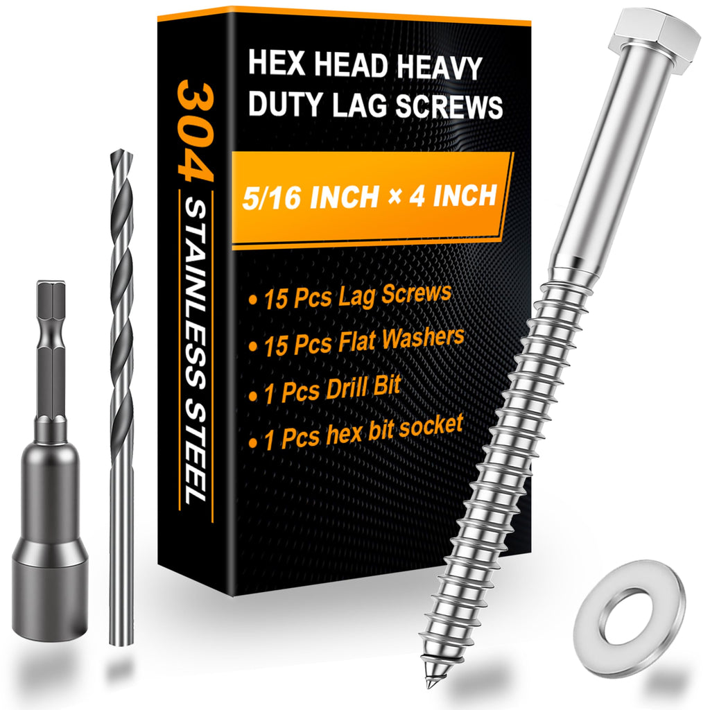 Xpokcai 15 Pcs 5/16" x 4" Hex Head Lag Screws for Wood, Hex Head Lag Bolts,304 Stainless Steel 18-8 Heavy Duty Wood Screw with Flat Washers (15, 5/16" x 4")