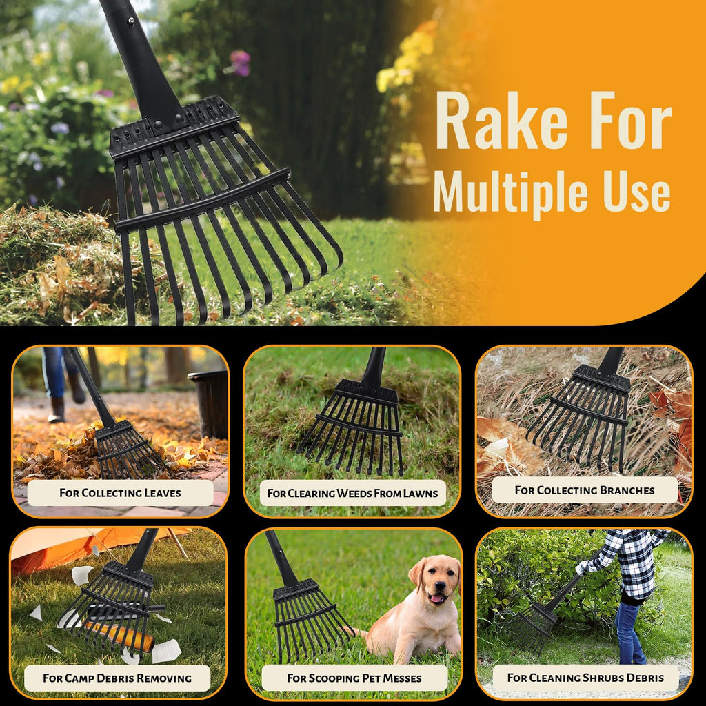 Small Rakes for Garden Beds,11 Tines Heavy Duty Metal Yard Hand Rake with 63in Adjustable Handle,Ideal Gardening Rakes for Gathering Leaves,Shrub,Dog Poop,Garden Flower Beds