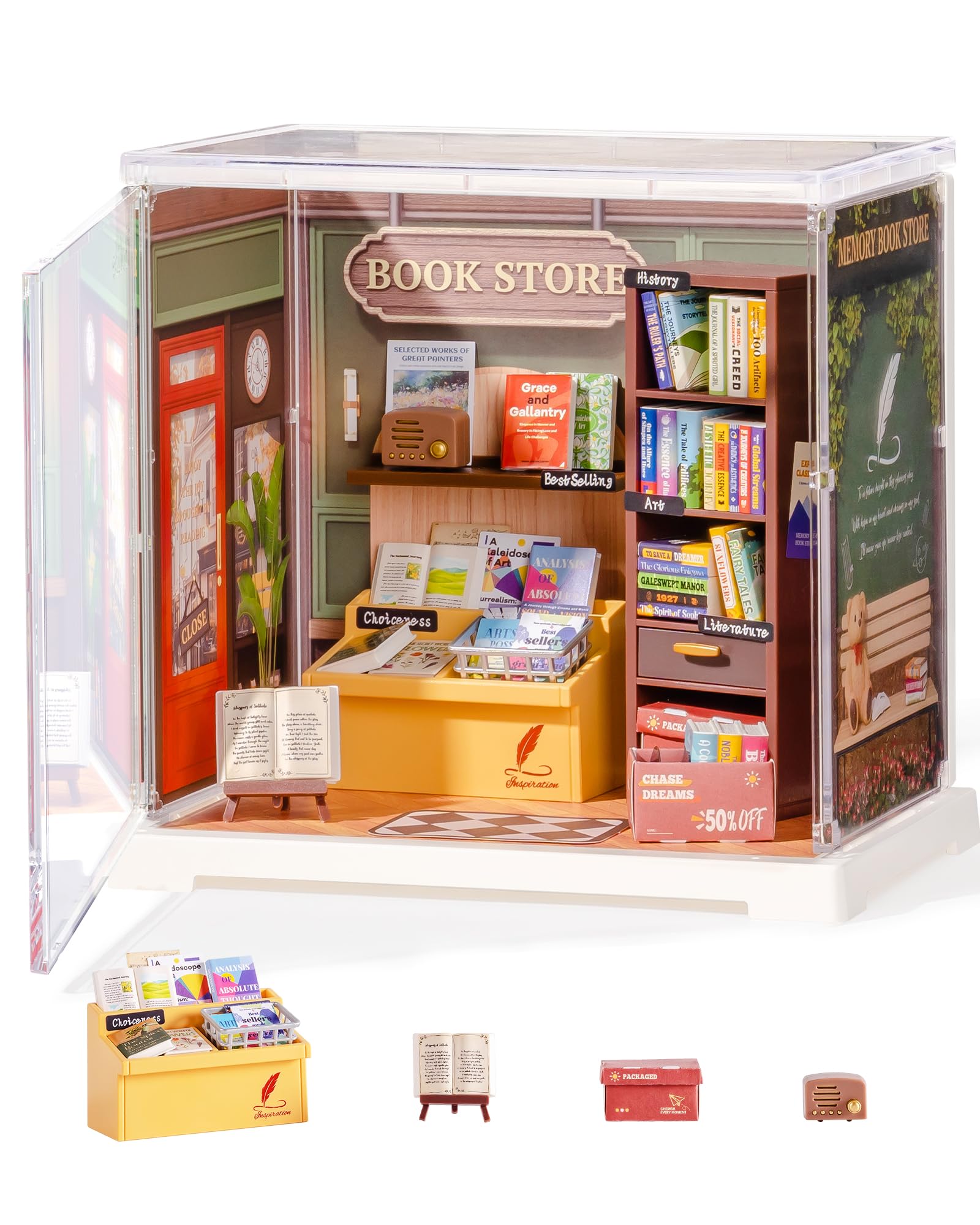 Rolife Mini Super Creator Series, DIY Miniature Memory Book Store Dollhouse House Kit, Bulid Scenary for Action Collectible Figures,Creative Gifts for Women Kid Adults