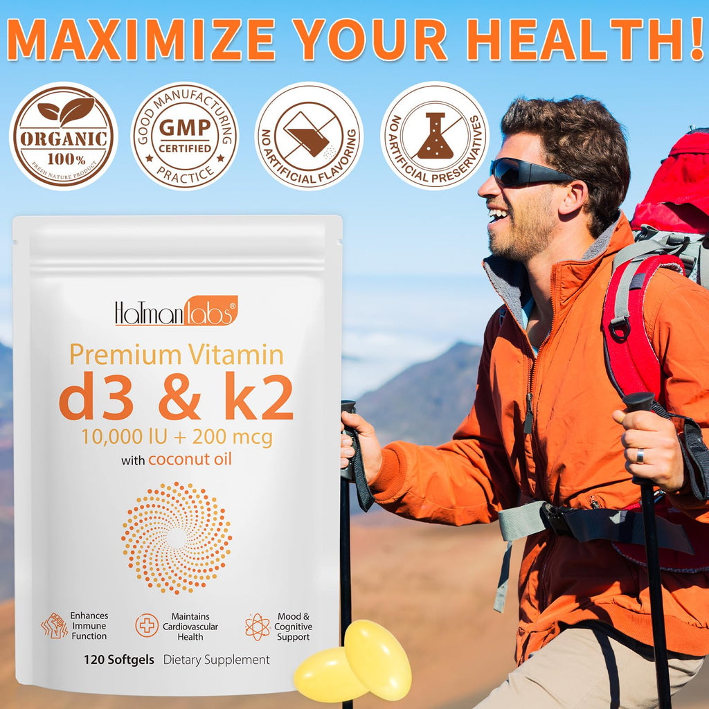 MXCZBSM 2 Bag Vitamin D3 K2 Supplement Softgel, Vitamin D3 K2 Softgel with 10000 IU Supports Immune, Heart, Teeth & Bone Health, Free of GMO, Gluten, Soy