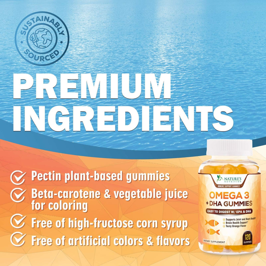 Omega 3 Fish Oil Gummies - 3X Strength Heart Healthy Omega 3 Gummy Supplement with High Absorption DHA & EPA - Joint & Brain Support, Delicious Orange Flavor Fish Oil Natures Vitamin - 120 Gummies