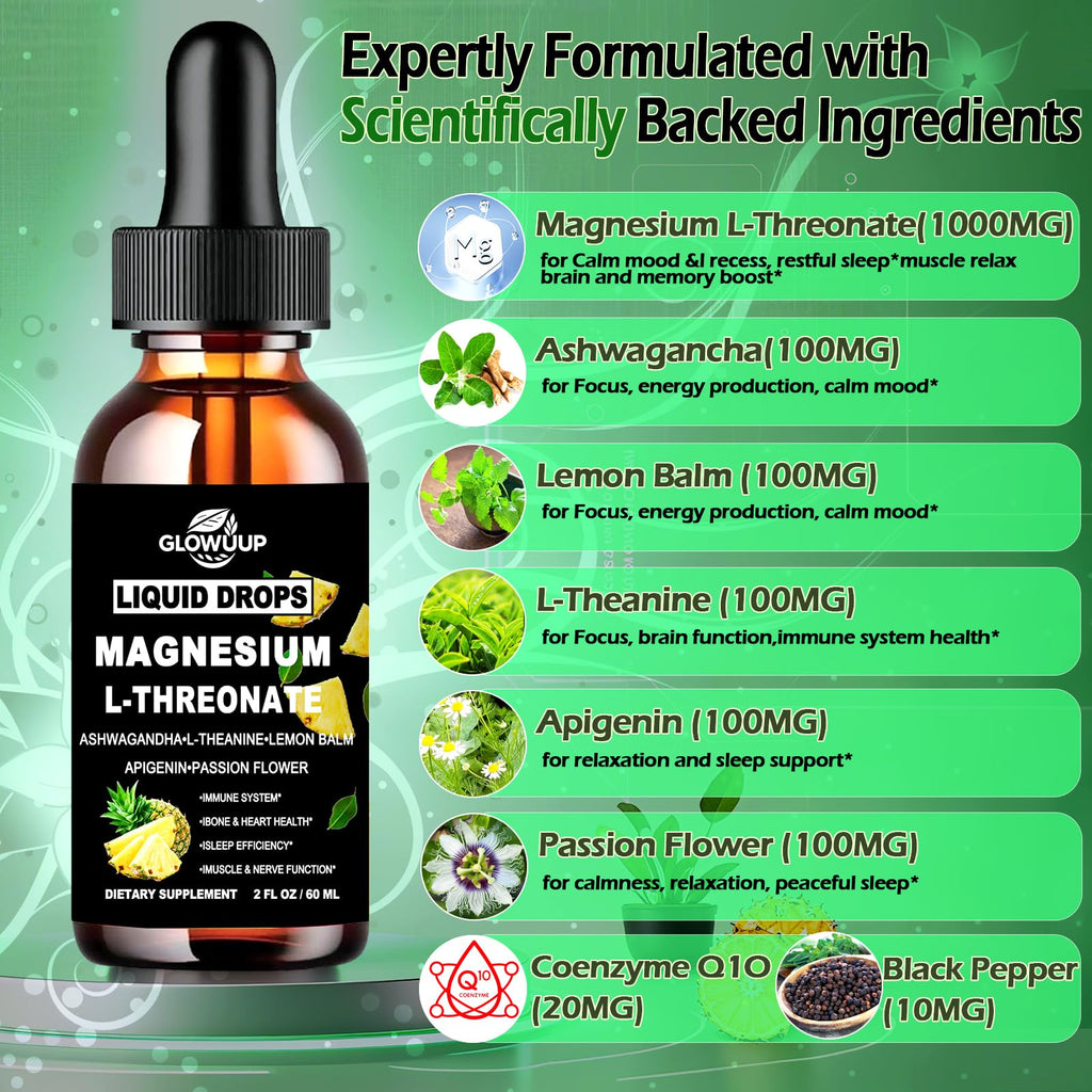 Magnesium L-Threonate Liquid Drops, Magnesium L Threonate Supplement w. Apigenin,Theanine,Lemon Balm for Sleep & Memory, Brain & Nerve Support, Fast Acting Liquid l Threonate Magnesium Than Capsules