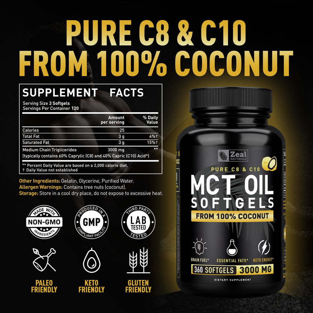 Zeal Naturals Pure MCT Oil Capsules - 3000mg, 360 Softgels |C10, C8 MCT Oil Unrefined Coconut | Energy Support & Brain Fuel Supplement | Gluten-Free