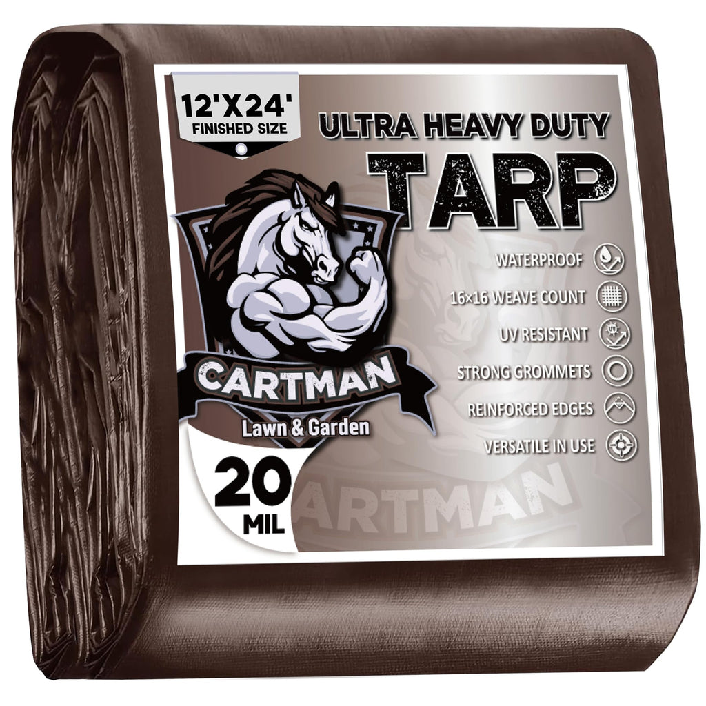 CARTMAN Finished Size 12x24 Feet Extra Thick 20 Mil Brown Ultra Heavy Duty Poly Tarp, Multipurpose Protective Cover, UV Resistant, Waterproof Poly Tarpaulin with Reinforced Edges