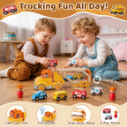 Toddler Car Toys for 2 3 4 5 Years Old Kids, Transport Carrier Truck Toy with 4 Wooden Vehicle, 24IN Foldable Track Trailer with Light & Sound Effects, Best Gift Choice for Christmas, Birthday