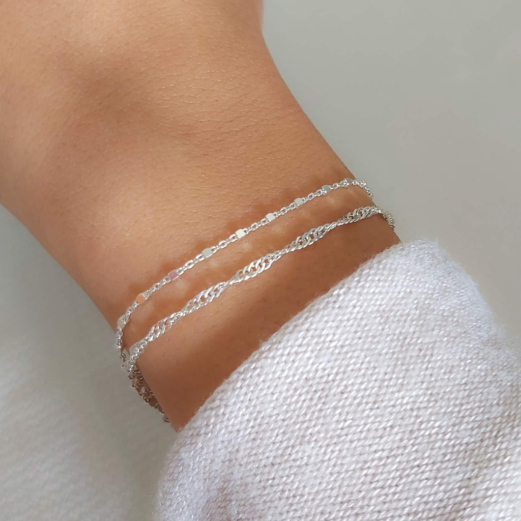 Annika Bella Double Stranded Sterling Silver Bracelet for Women, Dainty Waterproof Chain Bracelet for Women, Teen (Twirl & Satellite Chains)