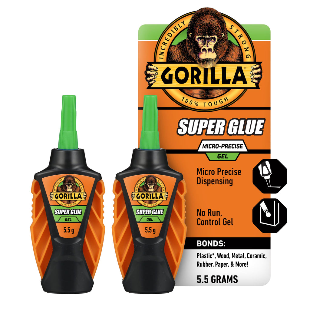 Gorilla Micro Precise Super Glue Gel, Clear, Cyanoacrylate, 5.5g, 2-Pack