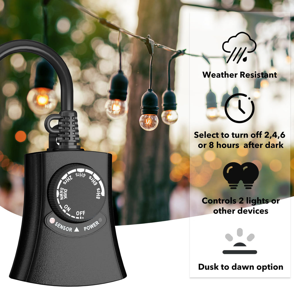 HBN Outdoor Light Timer Waterproof, Weatherproof Photocell Dusk to Dawn Light Sensor, 2/4/6/8 Countdown Timer, 2 Grounded Outlet for Christmas Lights，Hallowen Deceration，1875W 15A 1/2HP
