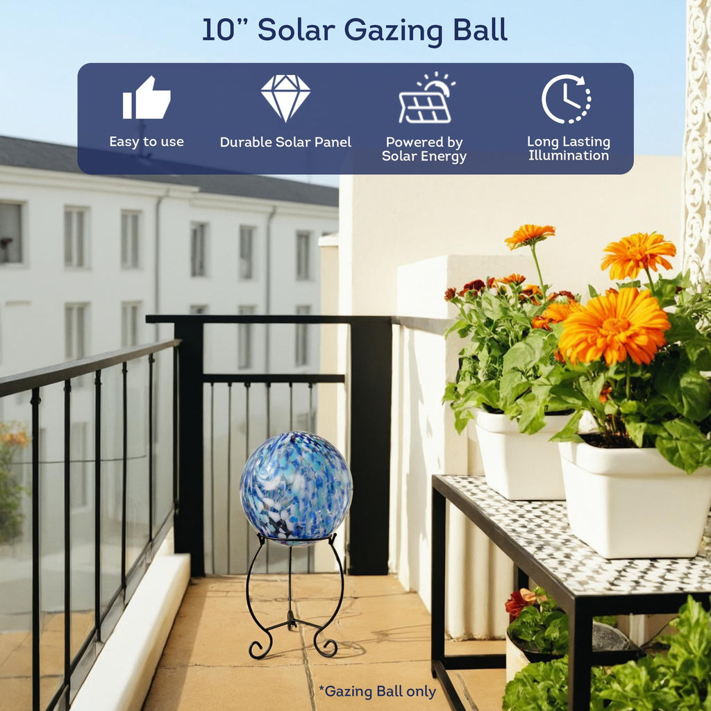 Lily's Home Gazing Ball - 10" Glass Globe with Solar Powered Lights - Outdoor Solar Lights for Yard & Patio - Garden Decor - Automatic On/Off Photosensitive Switch - Battery Included - Blue
