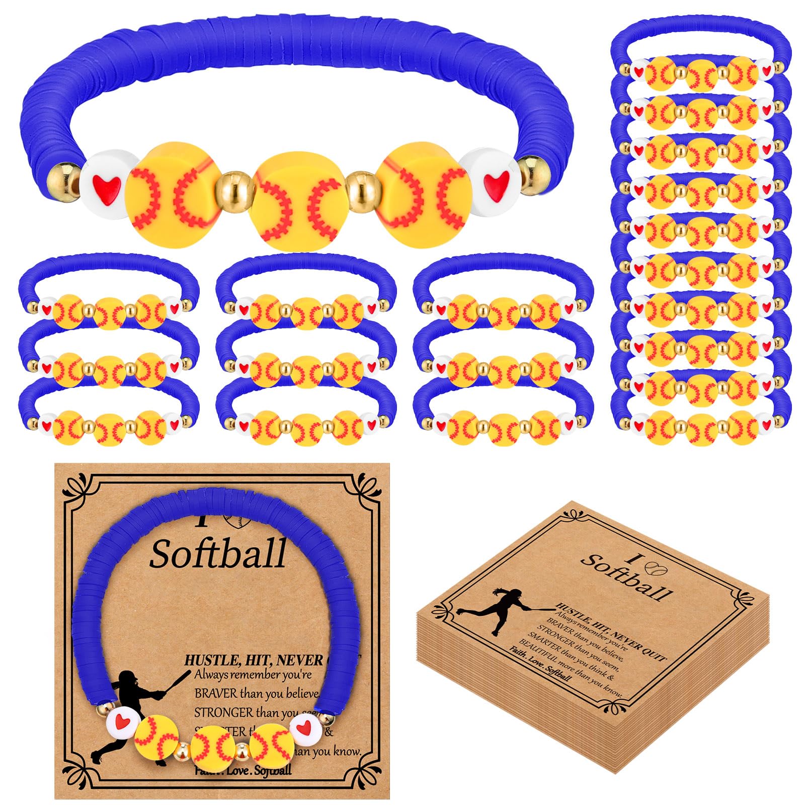 Ecation 20 Set Softball Bracelets Team Gift Bulk Softball Senior Night Adjustable Bead Ball Charm Bracelet with Inspirational Card for Sport Team Sport Lovers Player Gifts Birthday Party(Blue)