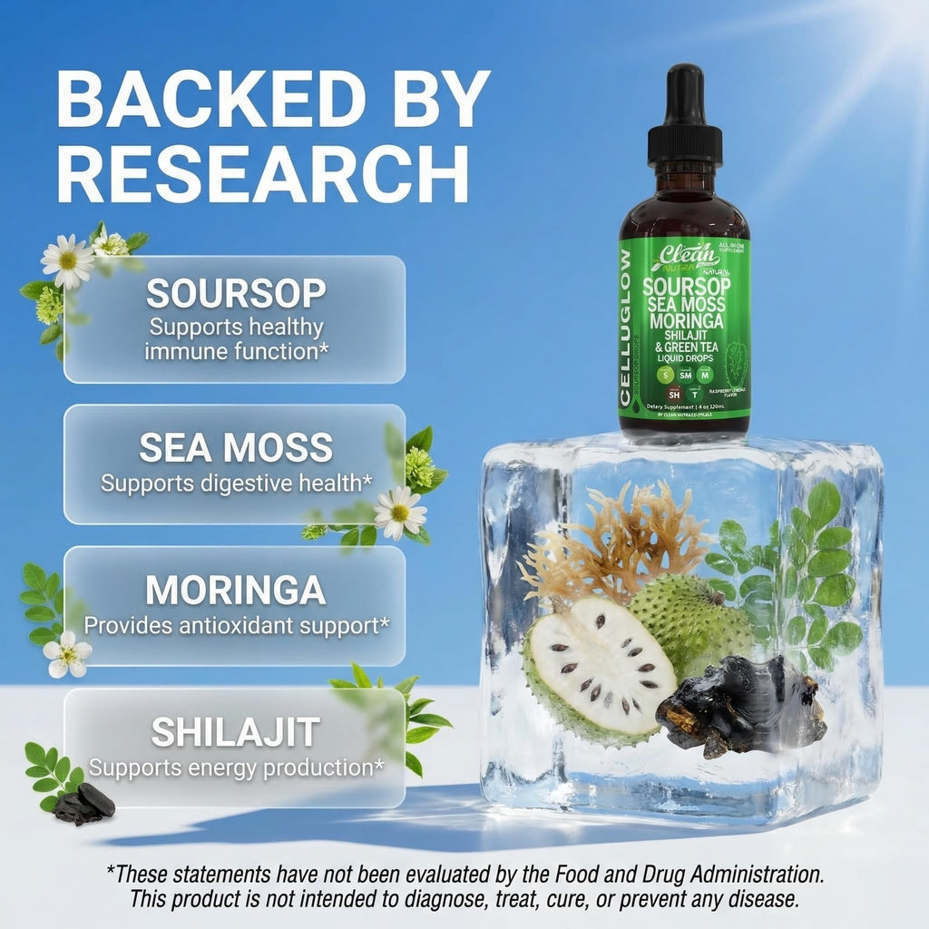 Clean Nutra Soursop Liquid Drops Sea Moss Moringa Shilajit Green Tea Vitamin D Vitamin C Garlic Supplements Grape Seed Lycopene Turmeric Root 4 Oz Immune Support & Cellular Health by Clean Nutra