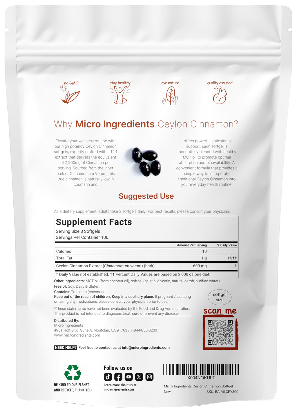 Micro Ingredients Ceylon Cinnamon | 300 Softgels with MCT Oil | Highly Bioavailable Herbal Extract | Extra Strength Cinnamon Supplements | Antioxidant & Sugar Monitor Support | Non-GMO, Gluten Free