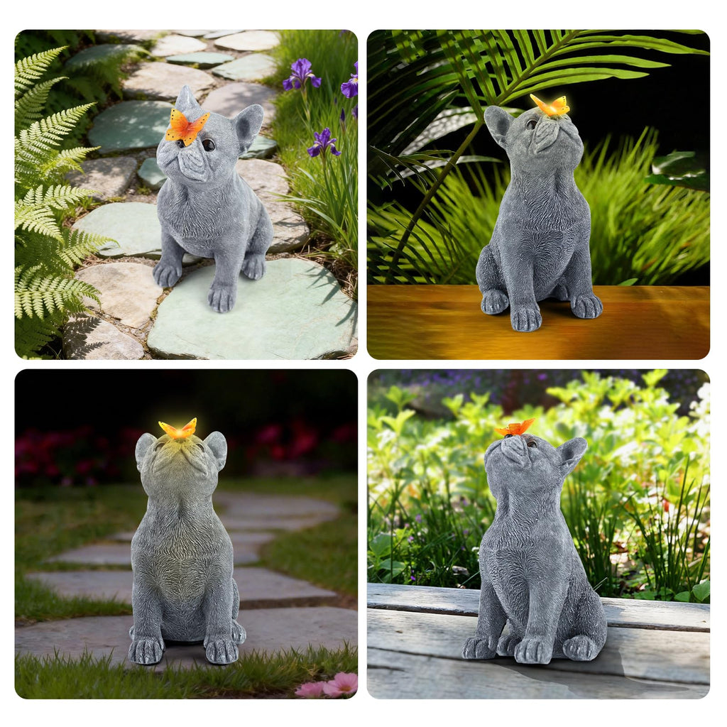 CIYSHO Dog Statue with Solar Butterfly, Cute French Bulldog Garden Statue