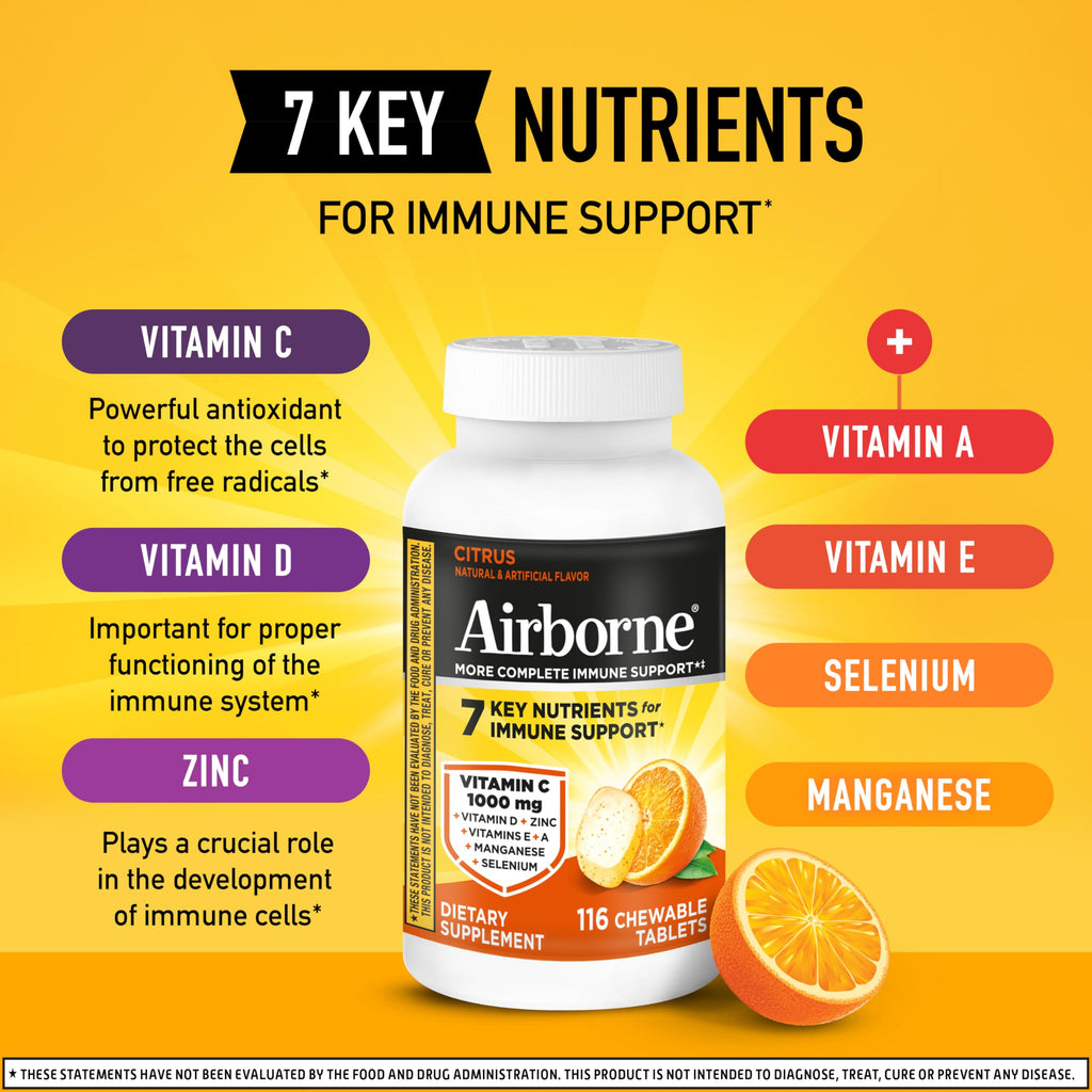 Airborne Vitamin C 1000mg (per Serving) - Citrus Chewable Tablets (116 Count in a Bottle), Gluten-Free Immune Support Supplement, with Vitamins A C E, Zinc, Selenium, Echinacea, Ginger, Antioxidants