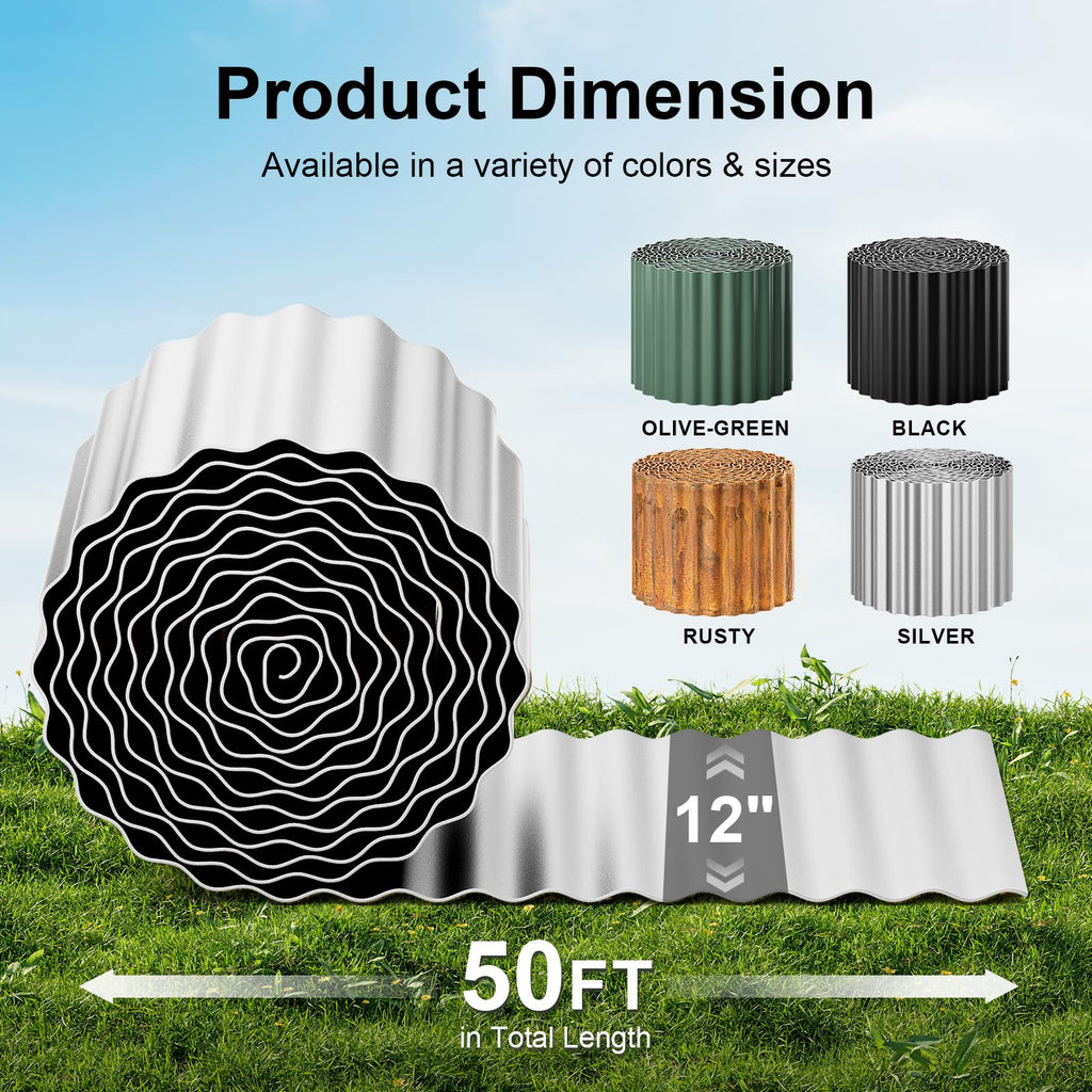 Land Guard Corrugated Garden Edging Border,12" x 50' Landscape Paver Edging, Tall Landscape Edging, Fence for Garden, Flower Bed, Lawn and Landscape Edging (Silver)