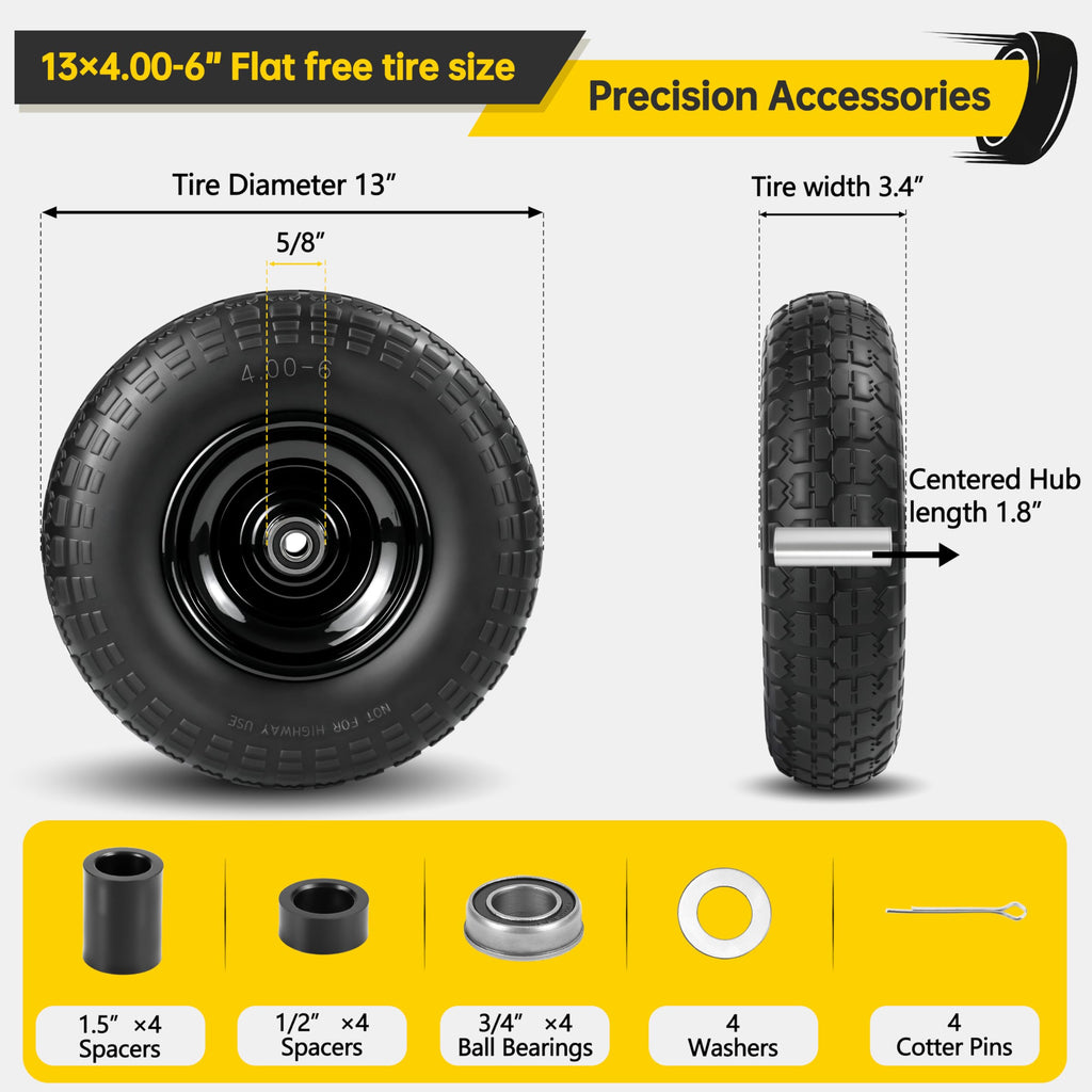 4Pc,13x4.0-6 Flat Free Tire and Wheel Replacement for Gorilla Cart,5/8"Axle