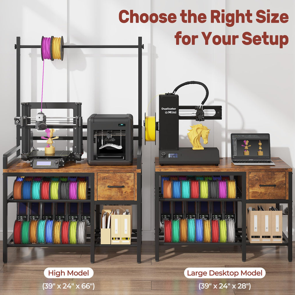 Anrigeail 3D Printer Stand with Filament Storage – Tall 66" Heavy Duty Metal 3D Printer Table with Power Hub, Drawer & X-Bracket Stability for Workshop, Studio, Office
