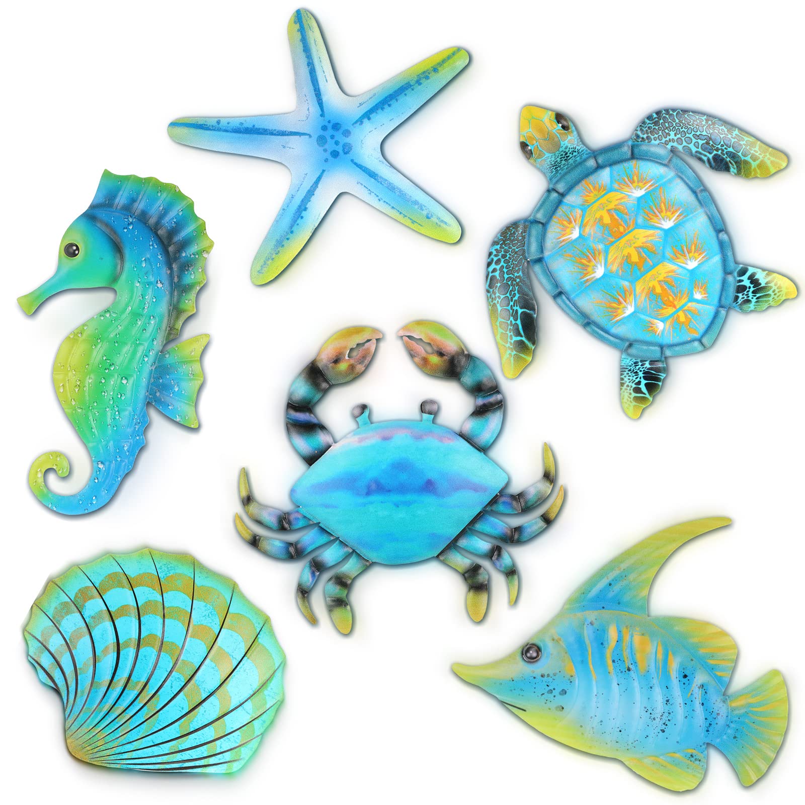 Lounsweer 6 Pcs Metal Fish Wall Art Decor, Ocean Sea Turtle Starfish Wall Sculpture Outdoor Ocean Hanging Decorations for Garden, Pool, Fence, Patio, Bathroom Indoor