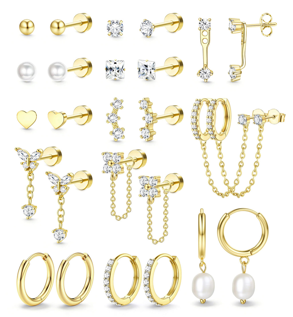 LOLIAS Hypoallergenic Flat Back Earrings Set for Women-Surgical Stainless Steel Earrings for Sensitive Ears-14K Gold Plated Chain Cartilage Earring Stacks Flatback Stud Hoop Earring Sets for Multiple Piercing Jewelry Gold