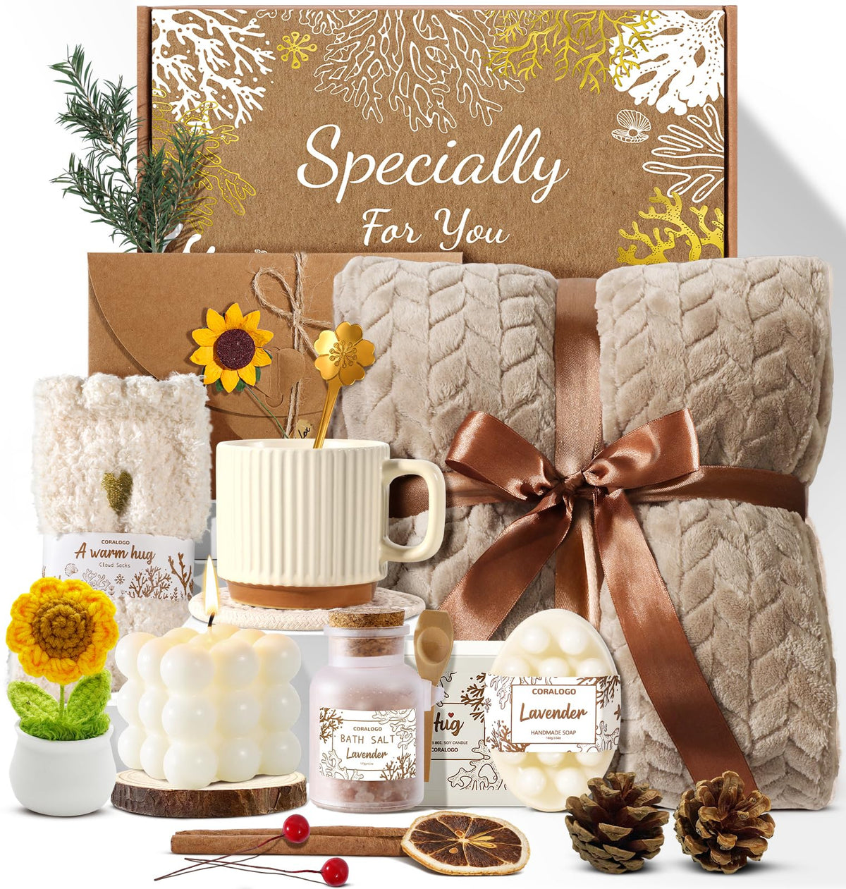 Coralogo 11pcs Spa Gift Baskets for Women, Sunflower Self Care Set, Brown