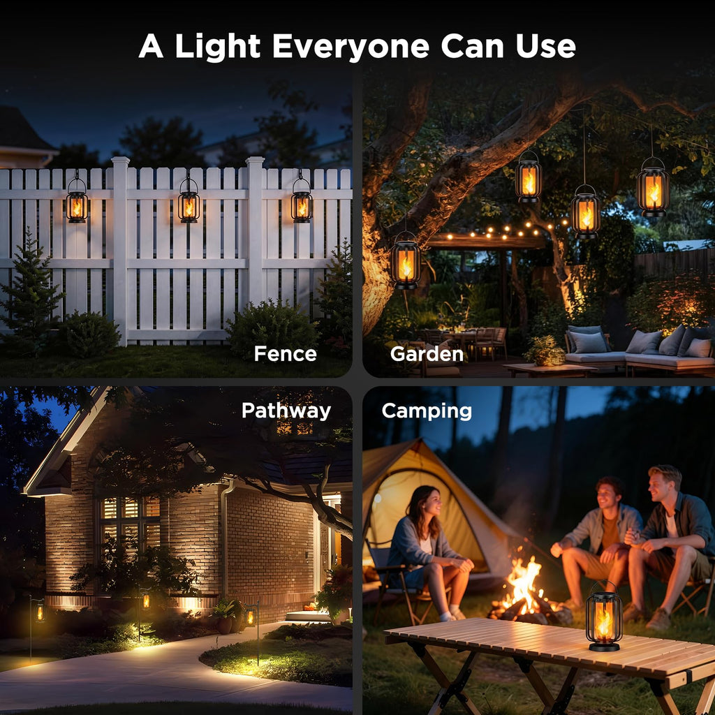 Hompavo Gen2 Solar Lanterns Outdoor Lights with Ultra-Real Flame, 2 Charging (USB/Solar) & 2 Modes - Waterproof Decorative Hanging/Table Lights for Pathway Yard Patio Garden Decor Gifts for Women, 2
