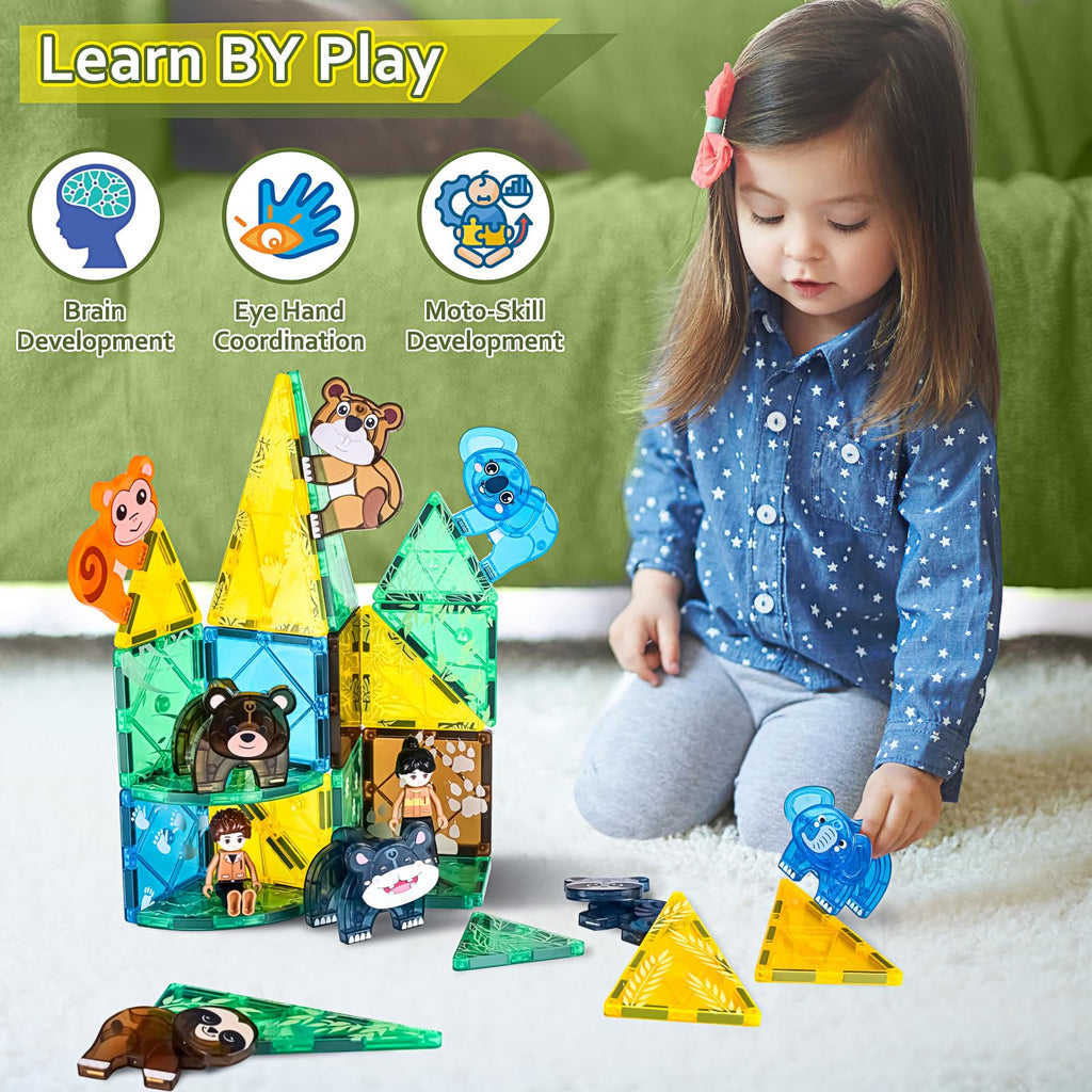 Asago Magnetic Tiles Set, Magnet Blocks Building Toys, Safari Animals Magnetictile for Toddler 3-5, Assembly 3D Structure Jungle & Forest Theme, STEM Learning Toy for Kids Girls,Boys Age 3 4 5 6 7