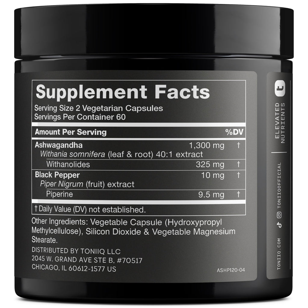 Toniiq Ashwagandha – 40:1 Concentrated Extract – 25% Withanolides – Wild Harvested in India – Highly Bioavailable with Black Pepper – Third-Party Tested – 120 Capsules - 1,300mg per Serving