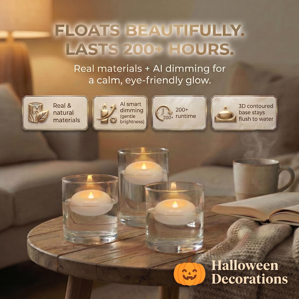 Aignis 24 Pack Waterproof Flameless Floating Candles, 200-Hour Battery Operated 2.2" LED Tea Lights, Water-Activated Flickering Warm White Glow for Halloween, Wedding Centerpieces, Pool
