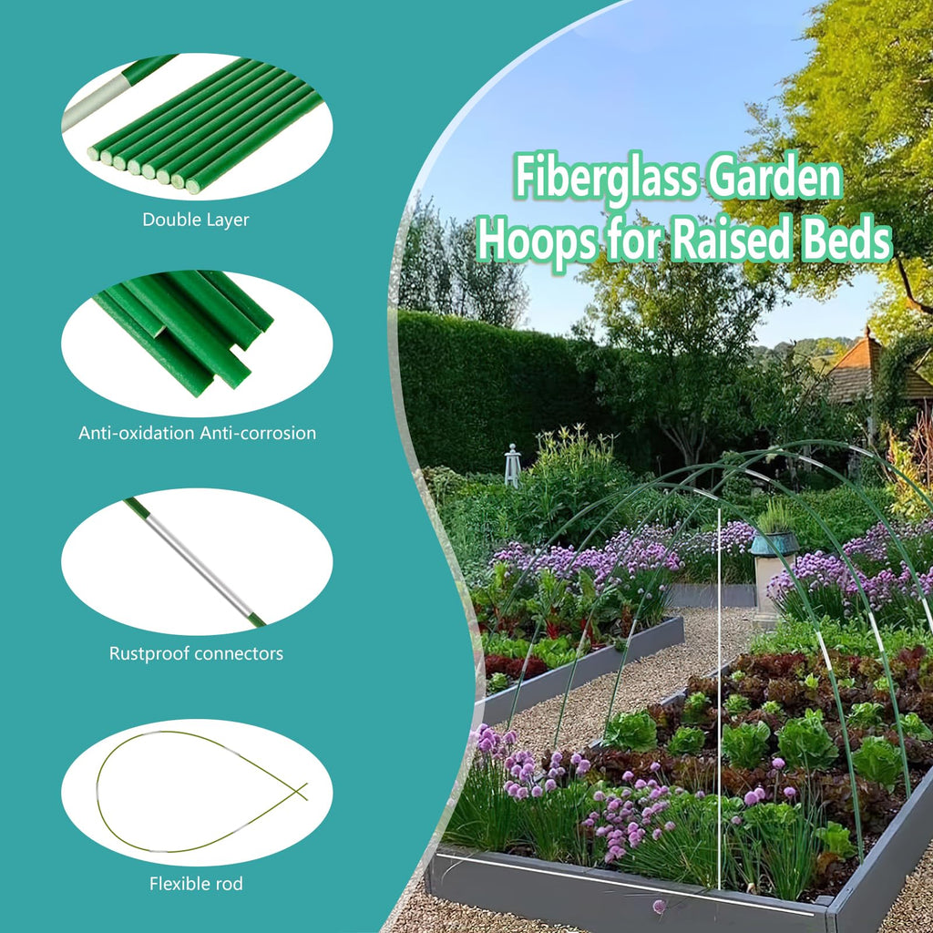 BOTINDO Garden Hoops for Raised Beds 36Pcs, 6 Sets of 8FT Long Greenhouse Hoops Grow Tunnel Rust-Free Fiberglass Support Hoops Frame for Garden Netting Fabric Shade Cloth Row Cover (36 PCS)