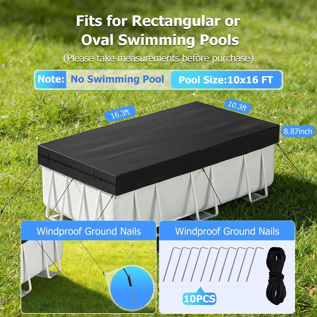 10x16 FT Rectangular Pool Cover, Solar Pool Cover for Above Ground Pool, Swimming Pool Cover Including Buckle, Drawstring and Ground Nails for Rectangular or Oval Pools